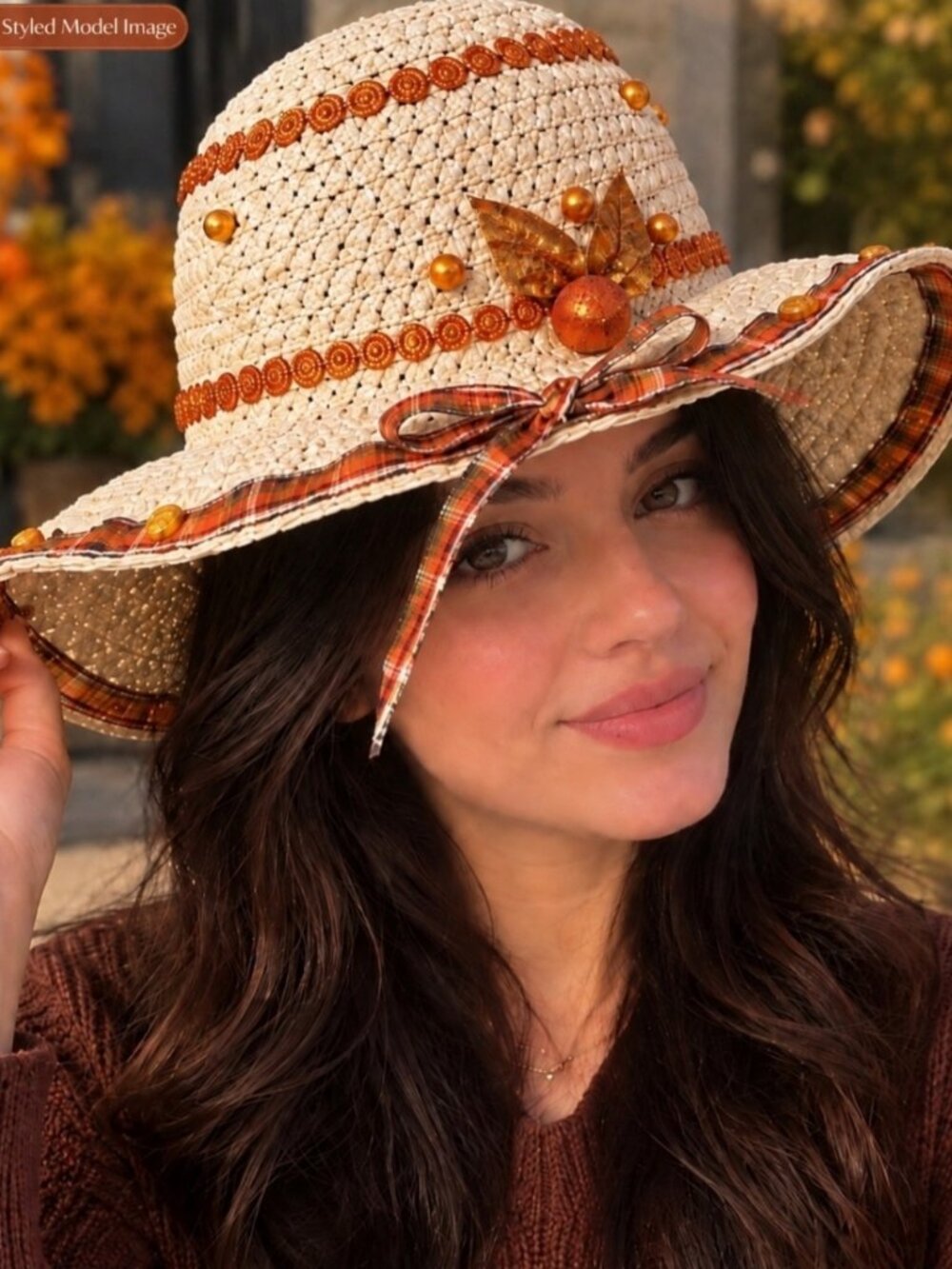 Hand-Decorated Fall Straw Hat with Plaid Ribbon & Gold Accents